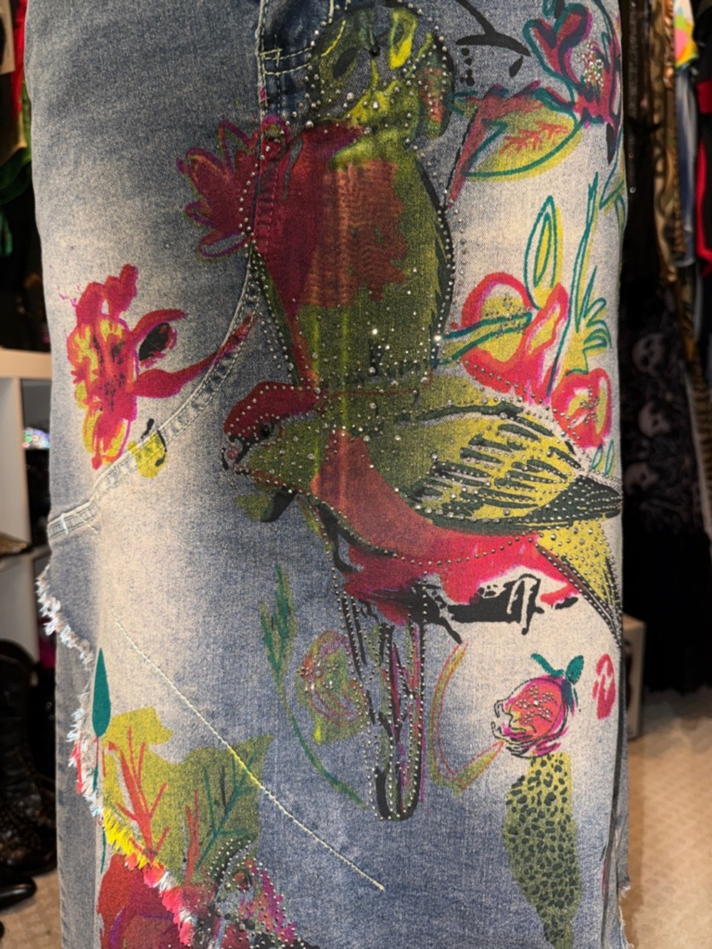 Asymmetrical Floral Bird Print Denim Skirt - Picture 2 of 6